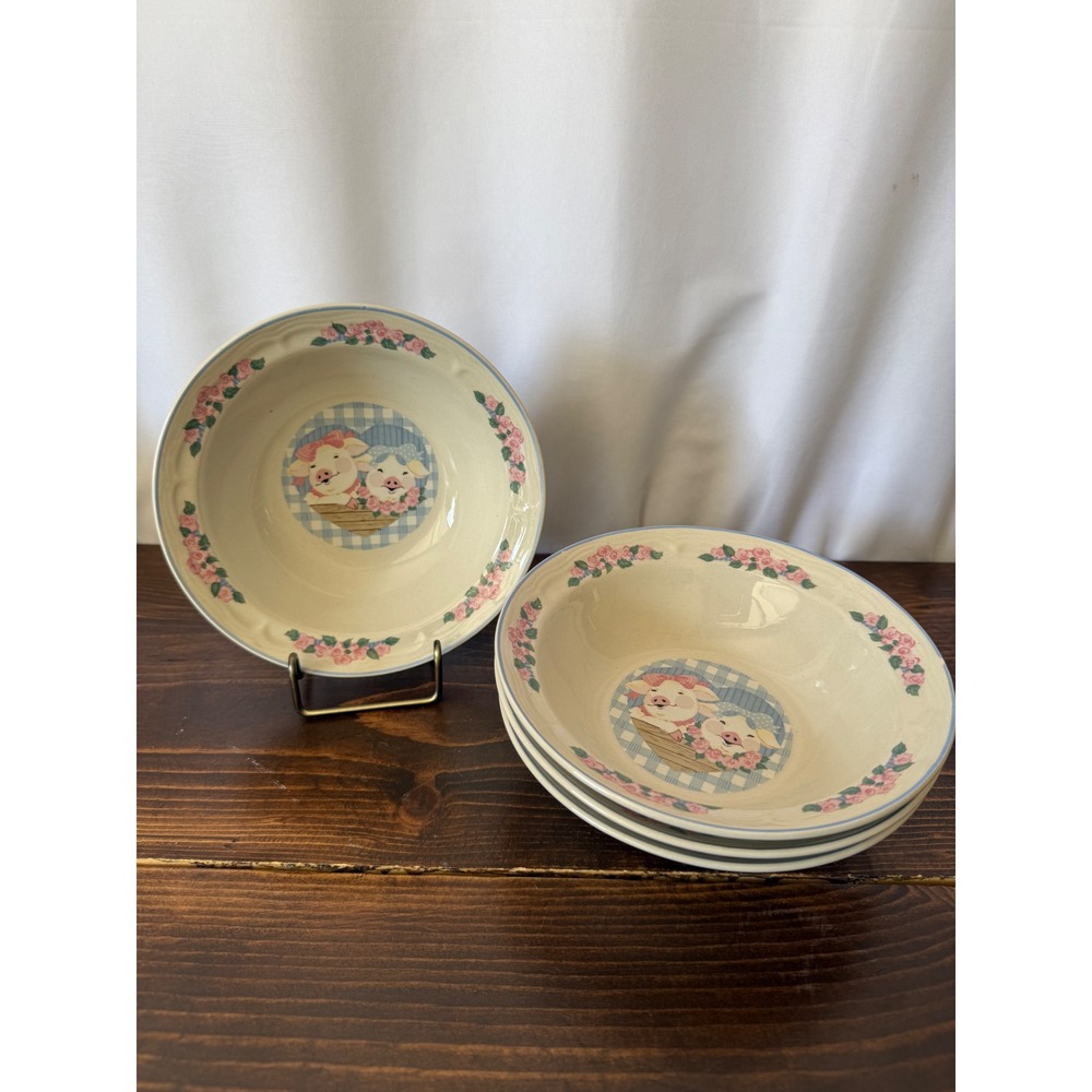 VTG Tienshan Stoneware Pig Pal Soup Cereal Bowls‎ Set of 4 Country Farmhouse